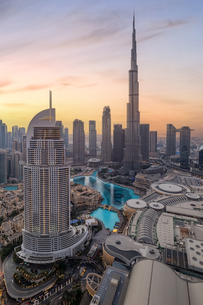 Downtown Dubai and the Burj Khalifa at dusk